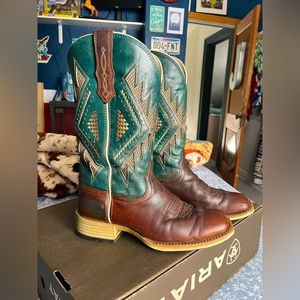 Ariat Women's Sienna Copper Cafe Brown & Teal Wide Square Toe Cowboy Boots